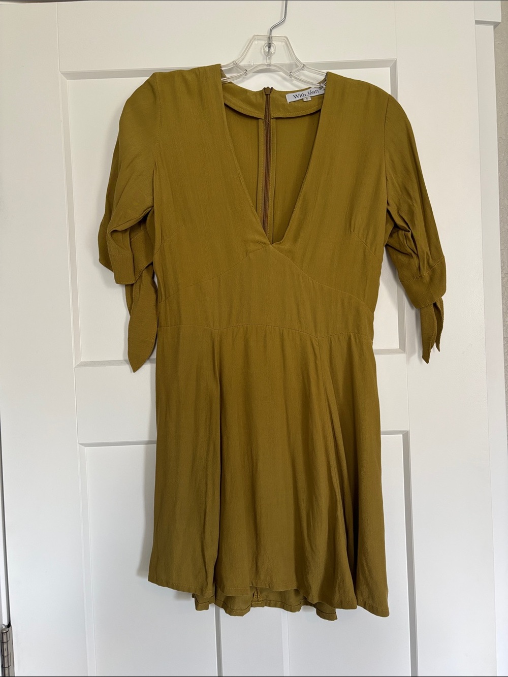 With Jean Olive Green V-Neck Tie-Sleeve Mini Dress